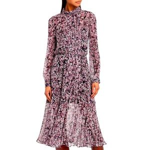 INTERMIX Selena Silk Floral Pleated Keyhole Ruffle Long Sleeve Sheer Midi Dress